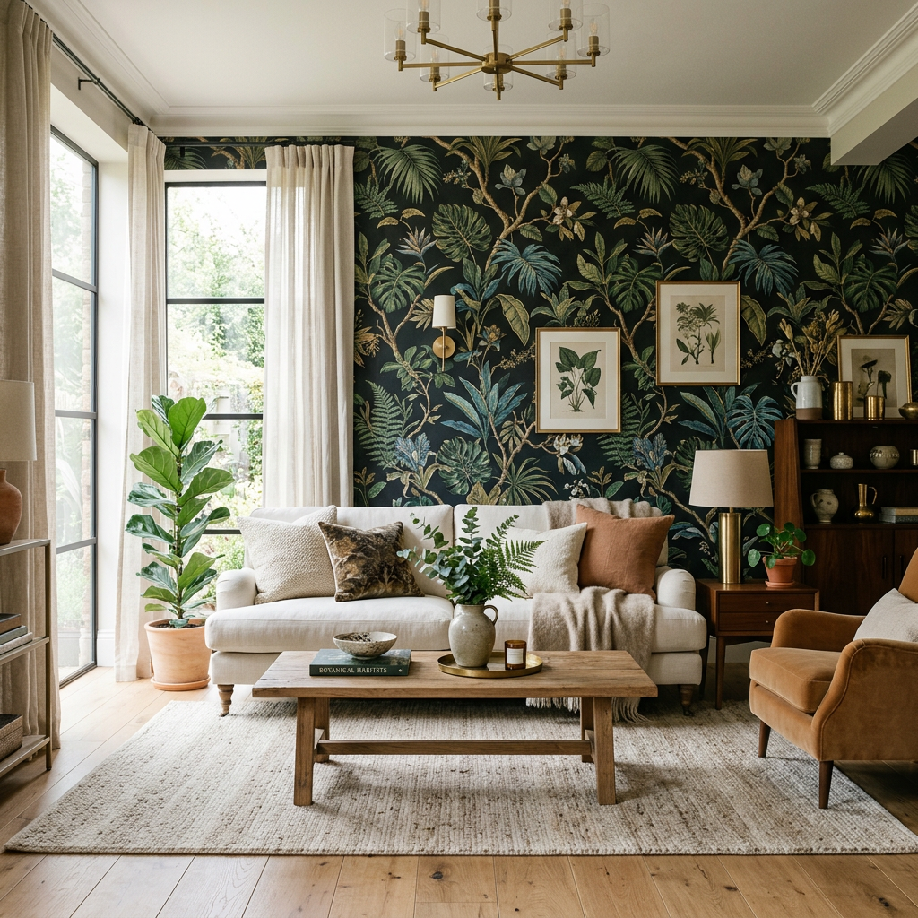 Living room with botanical wallpaper, cream sofa, plants, and wooden coffee table