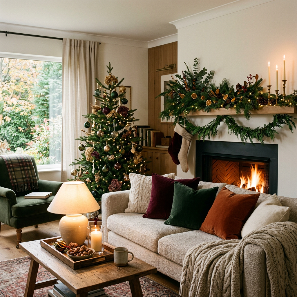 Festive living room with decorated Christmas tree and lit fireplace